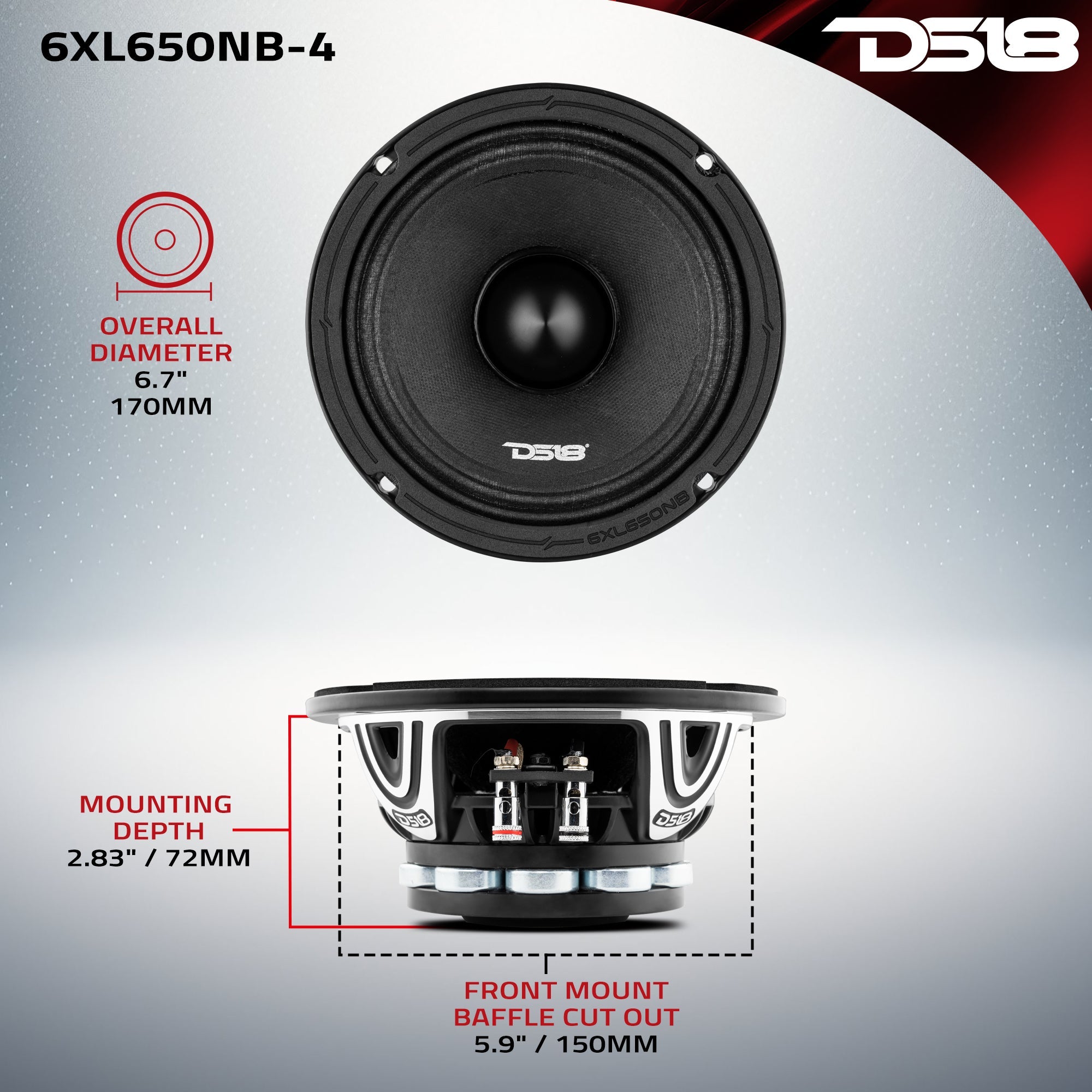 XL 6.5" Neodymium Mid-Range Loudspeaker With Bullet 325 Watts Rms 4-Ohm - DS18