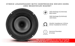 8" Neodymium Coaxial Hybrid Mid-Bass Water resistant Carbon Fiber Cone Loudspeaker with Built-in Driver 400 Watts Rms 4-Ohm