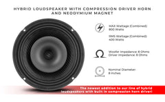 8" Neodymium Coaxial Hybrid Mid-Bass Water resistant Carbon Fiber Cone Loudspeaker with Built-in Driver 400 Watts Rms 8-Ohm