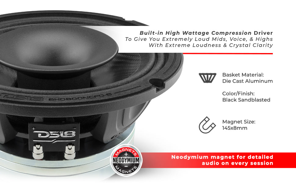 8" Neodymium Coaxial Hybrid Mid-Bass Water resistant Carbon Fiber Cone Loudspeaker with Built-in Driver 400 Watts Rms 8-Ohm