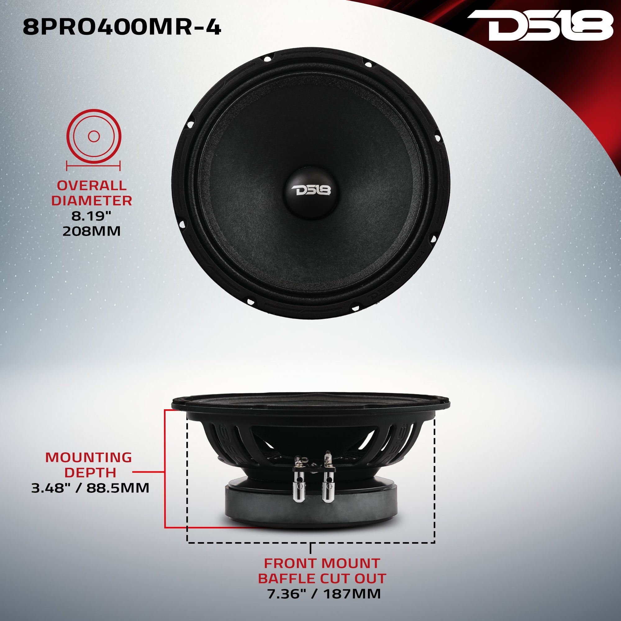 PRO 8” High Sensitivity Professional Mid-Range Loudspeaker 200 Watts Rms 4-Ohm - DS18