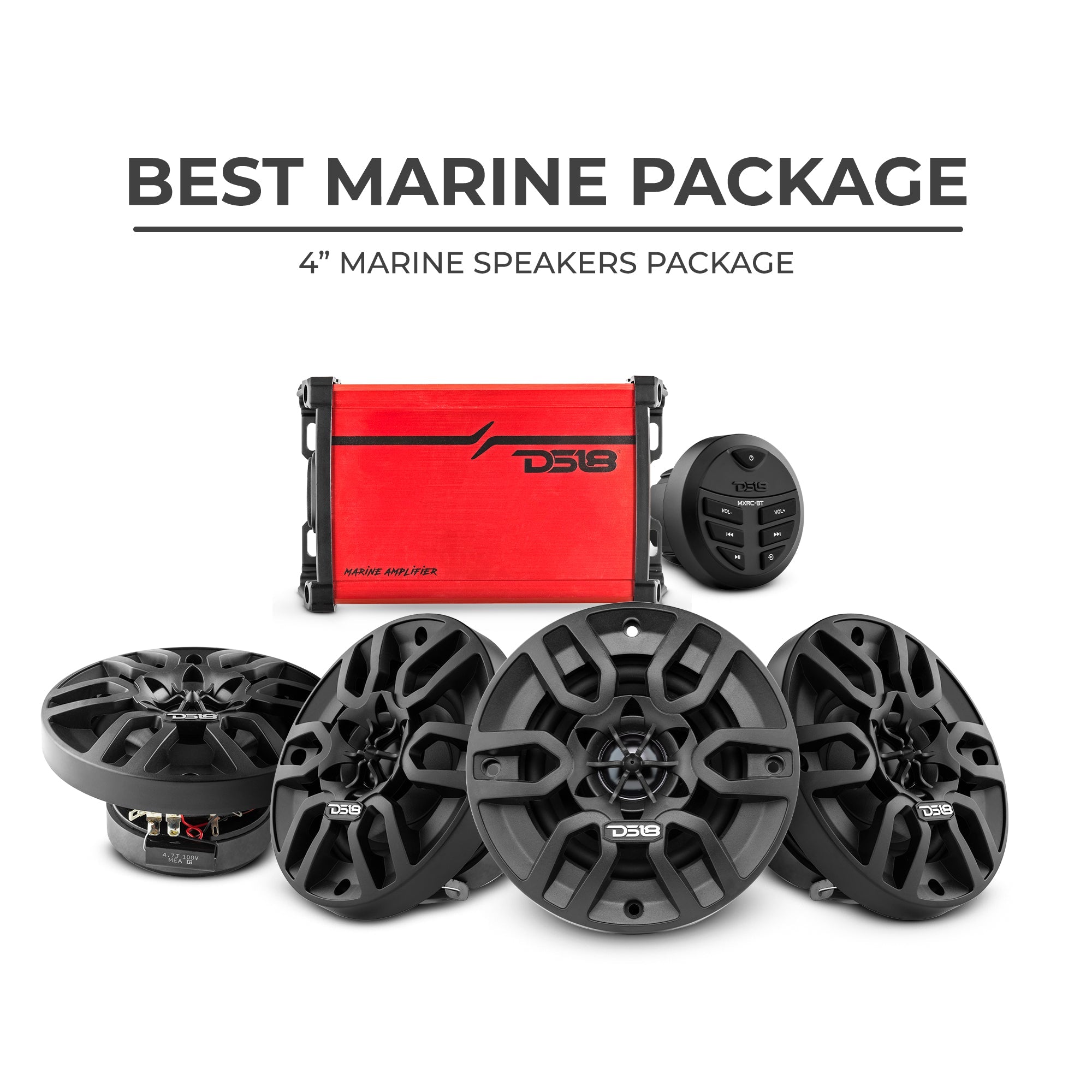 Best Marine Audio Package - 4 X 4" Speakers with Head Unit & 4 Channel Amplifier - DS18