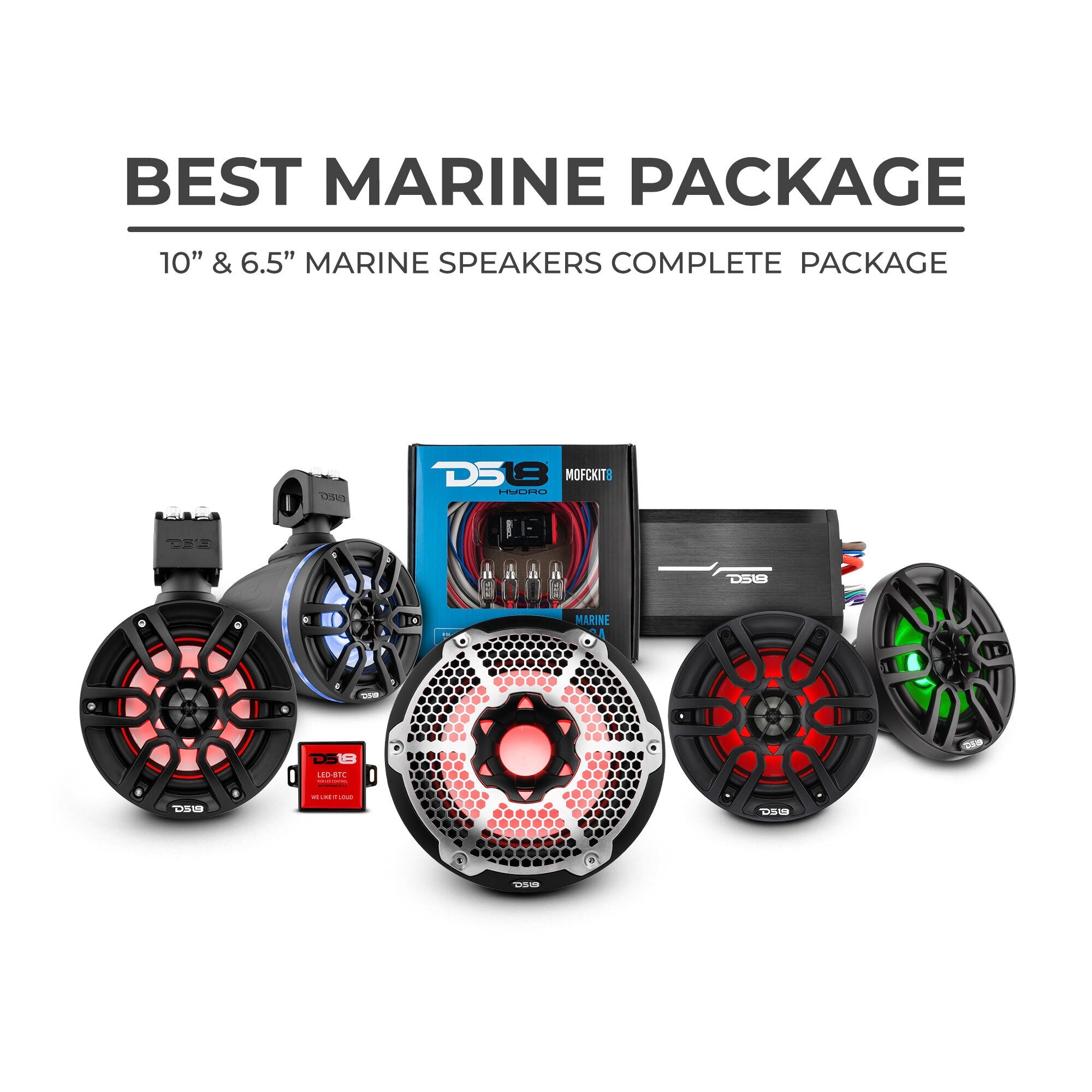 DS18 Best Marine Stereo Subwoofer Package 1 x 10” Subwoofer | 2 x 6.5” Speaker Tower | 2 x 6.5” Marine Speaker | 1 x 5 Ch