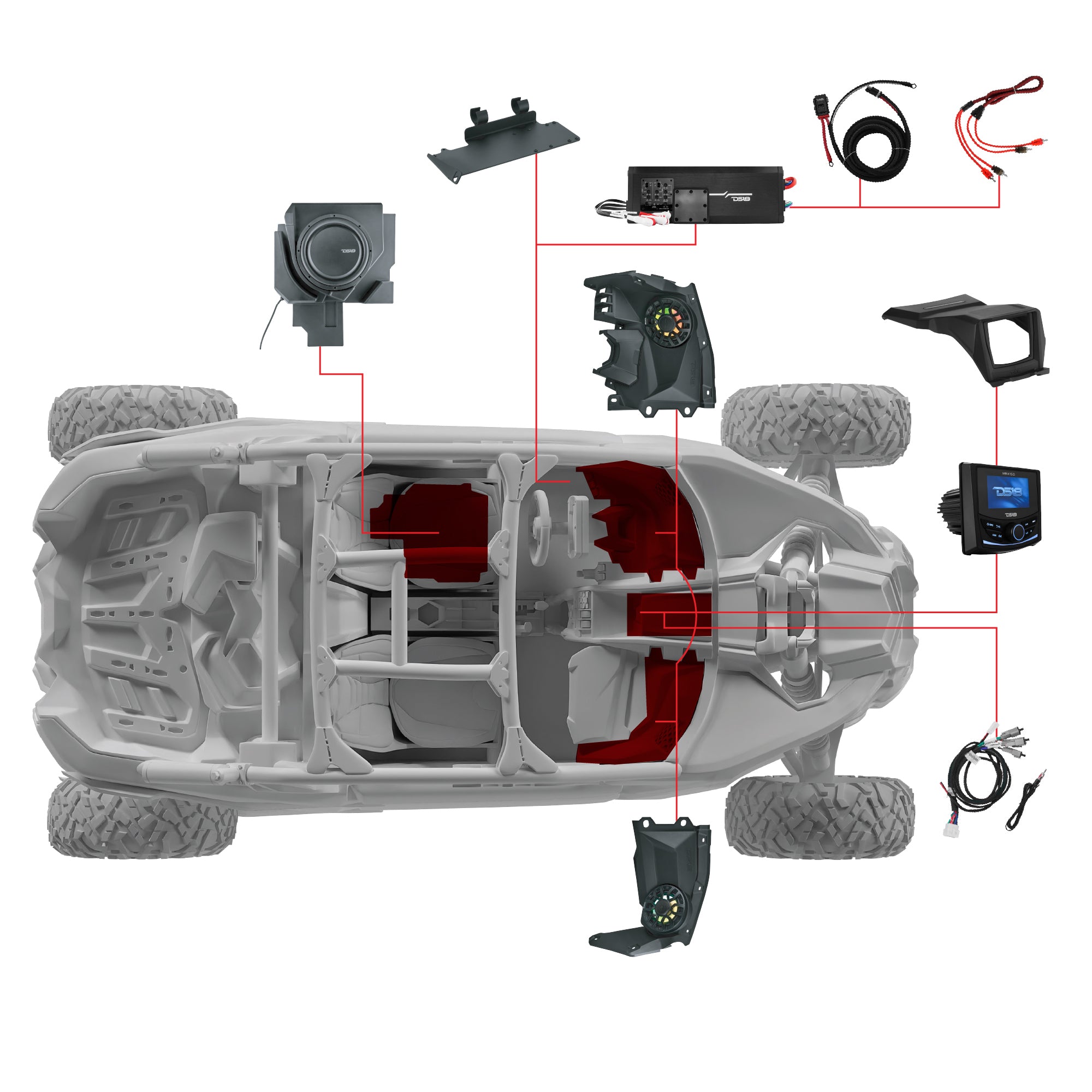 Can-Am Maverick X3 Stage 3 - Dash Speaker Panels, 12” Subwoofer, Amplifier, Bluetooth Radio & LED Lights - DS18