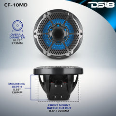 10” Marine 2-Way Hybrid Speaker with RGB LED, Compression Driver and Neodymium Magnet | 450W RMS 4-Ohm - DS18
