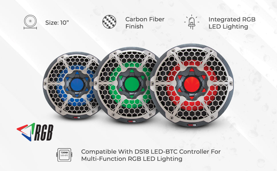 NXL 10" Marine Subwoofer With LED RGB Lights 300 Watts Rms SVC 4-Ohm -Black Carbon Fiber - DS18