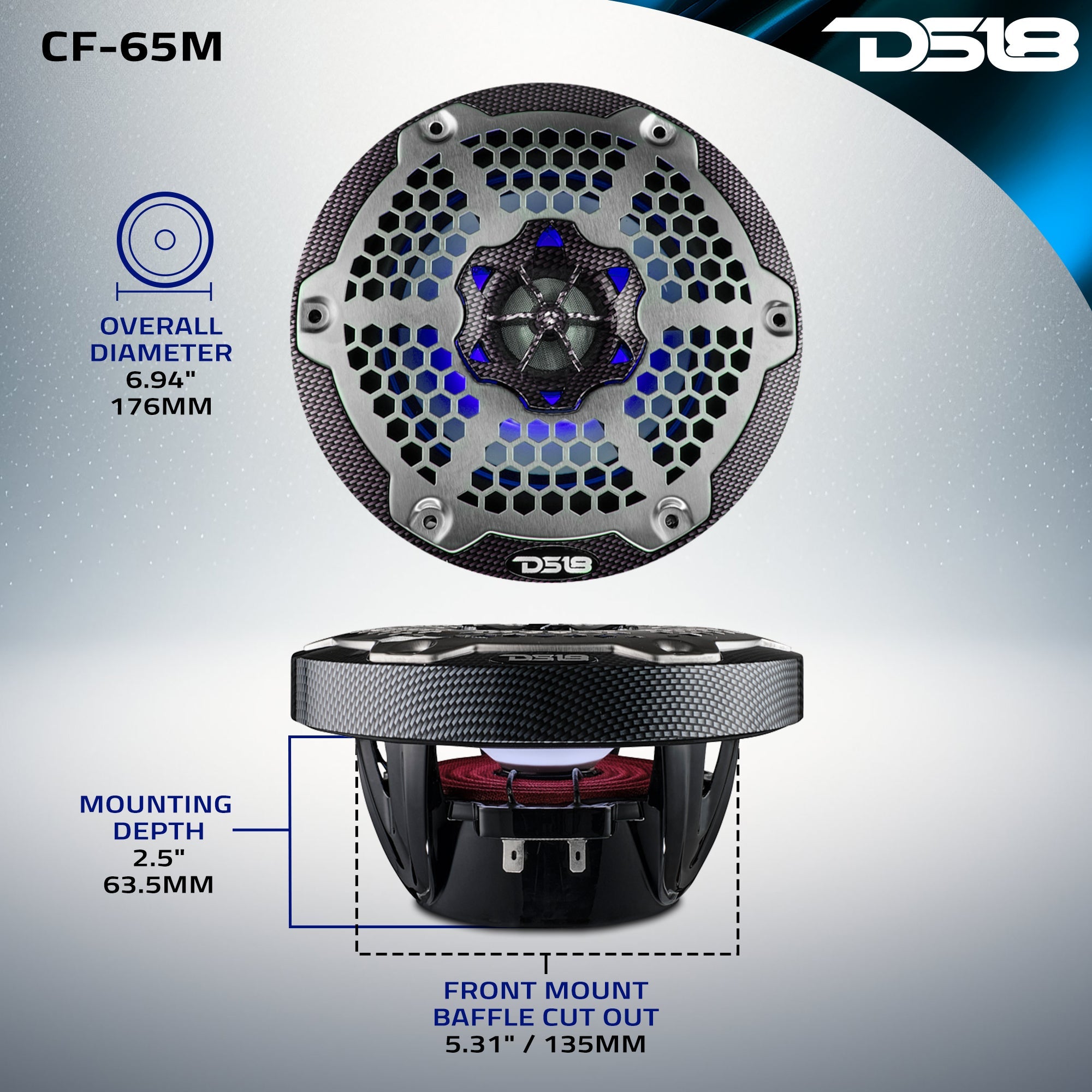NXL 6.5" 2-Way Coaxial Marine Speaker With LED RGB Lights 100 Watts Rms 4-Ohm - Black Carbon Fiber - DS18