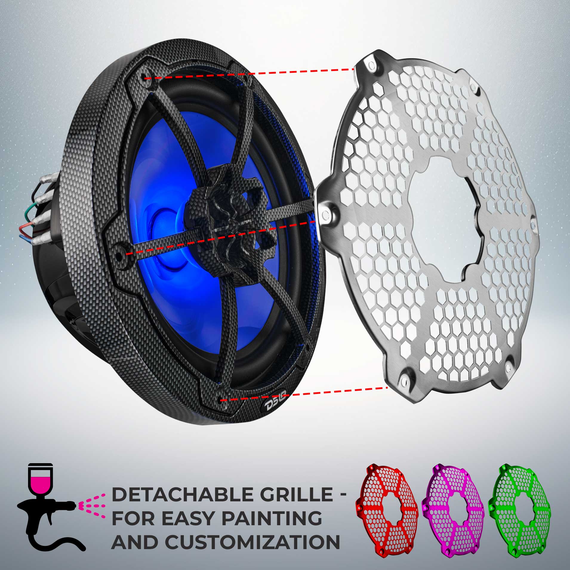 NXL 8" 2-Way Coaxial Marine Speaker With LED RGB Lights 125 Watts Rms 4-Ohm - Black Carbon Fiber - DS18