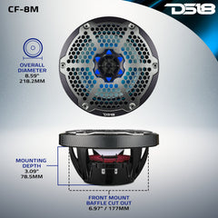 NXL 8" 2-Way Coaxial Marine Speaker With LED RGB Lights 125 Watts Rms 4-Ohm - Black Carbon Fiber - DS18