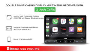 10.5" Floating Adjustable Modular Touchscreen Mechless Single-DIN Head Unit with Bluetooth, Apple Car Play, Android Mirror