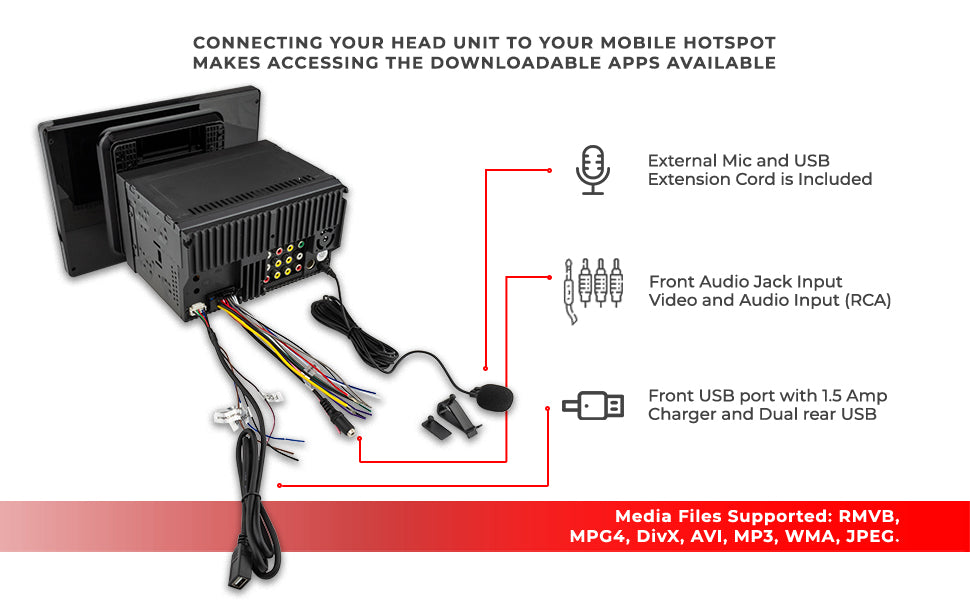 10.5" Floating Adjustable Modular Touchscreen Mechless Single-DIN Head Unit with Bluetooth, Apple Car Play, Android Mirror
