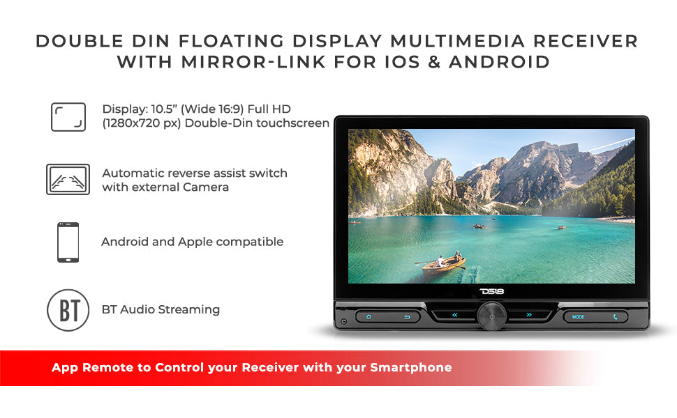 10.5" Floating Adjustable Modular Touchscreen Mechless Single-DIN Head Unit with Bluetooth, Mirror Link and USB - DS18