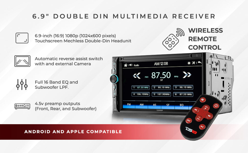 6.9" Touchscreen Mechless Double-DIN Headunit with Bluetooth, USB and Mirror Link - DS18