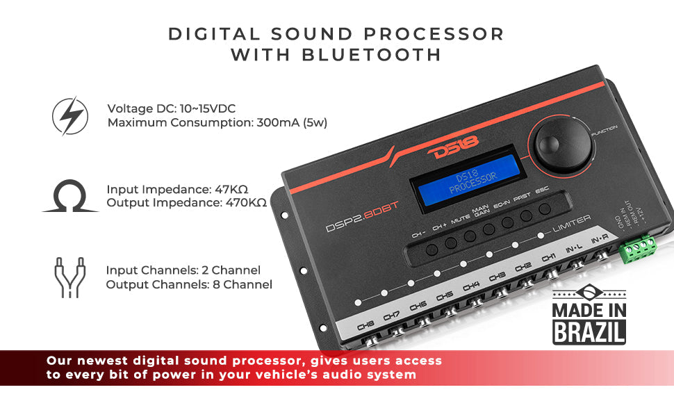 2-Channel In and 8-Channel Out Digital Sound Processor (DSP) with Bluetooth and LCD Screen - DS18