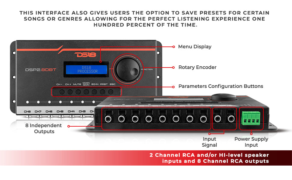 2-Channel In and 8-Channel Out Digital Sound Processor (DSP) with Bluetooth and LCD Screen - DS18