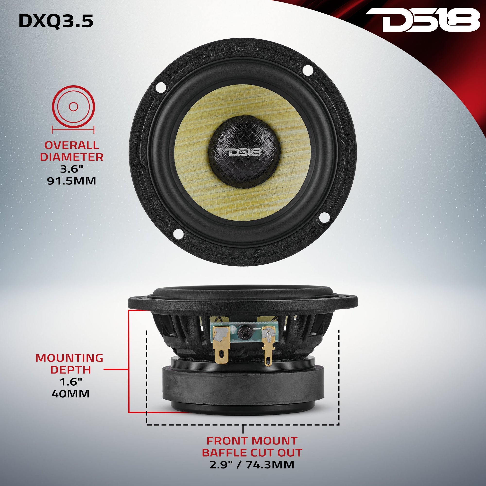 DXQ 3.5” Midrange Speaker with Yellow Straw + Composite Foam Cone | 60W RMS 4-Ohm - DS18