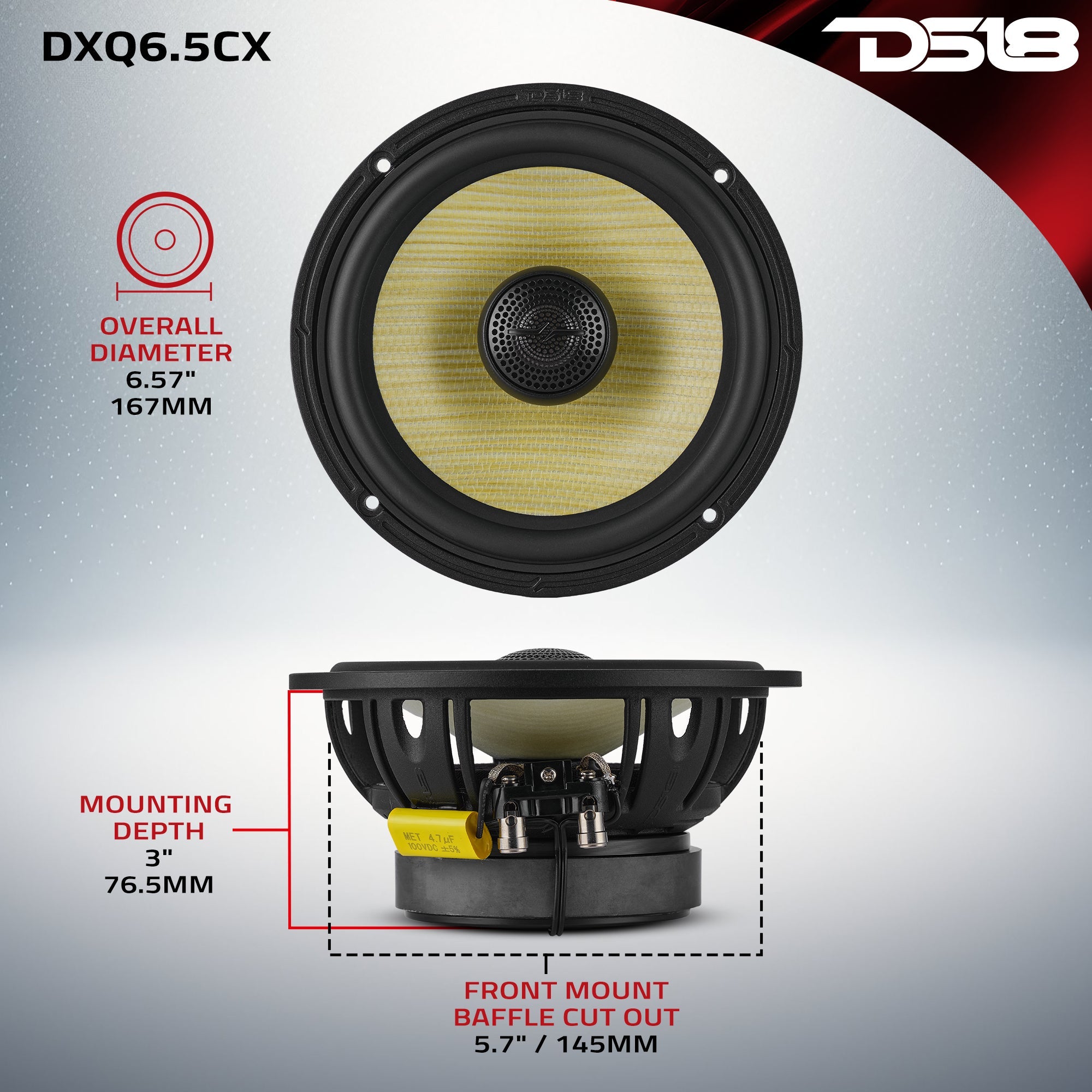 DXQ 6.5" 2-Way Coaxial Speaker with Yellow Straw and Composite Foam Cone | 150W RMS 4-Ohm - DS18