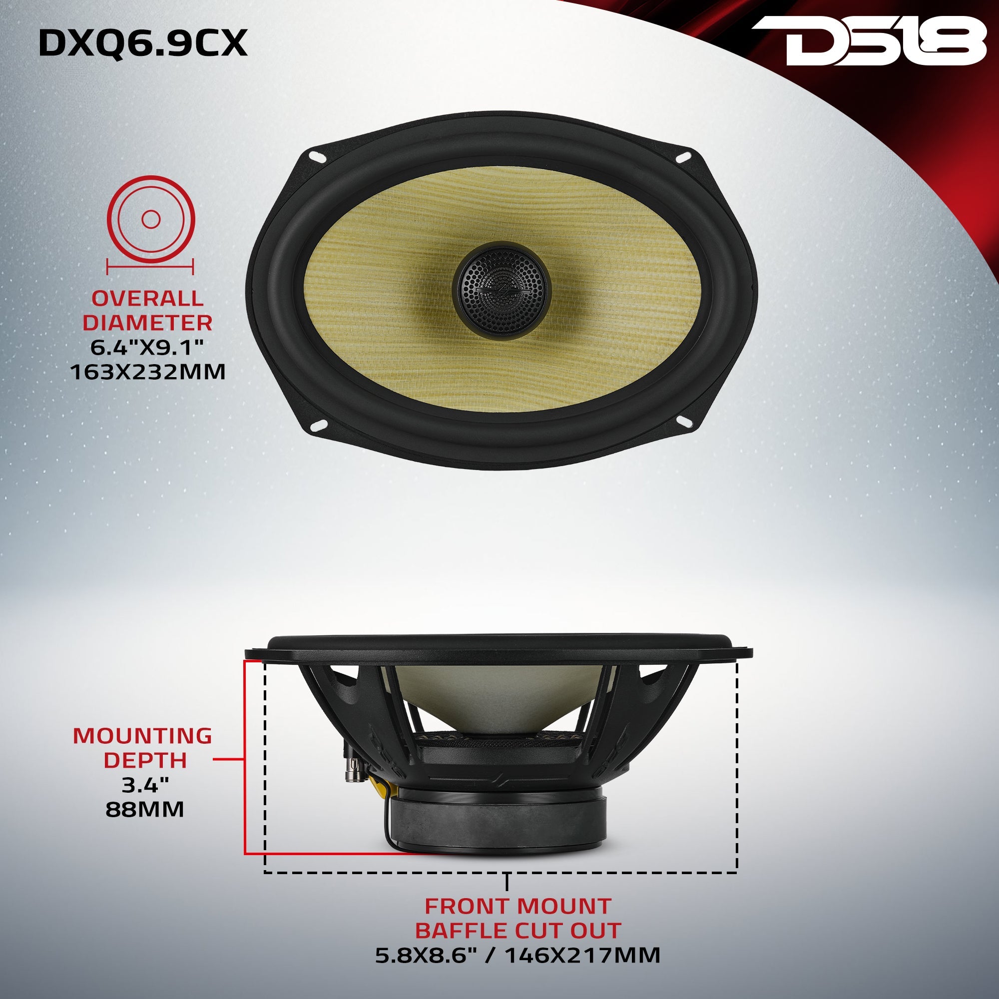 DXQ 6x9" 2-Way Coaxial Speaker with Yellow Straw and Composite Foam Cone | 150W RMS 4-Ohm - DS18