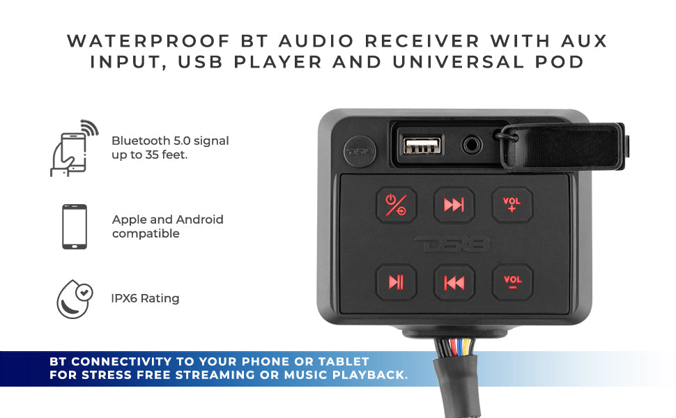 Marine And Powersports Waterproof Receiver Enclosure with Bluetooth, AUX Input, USB Player and Controls - DS18