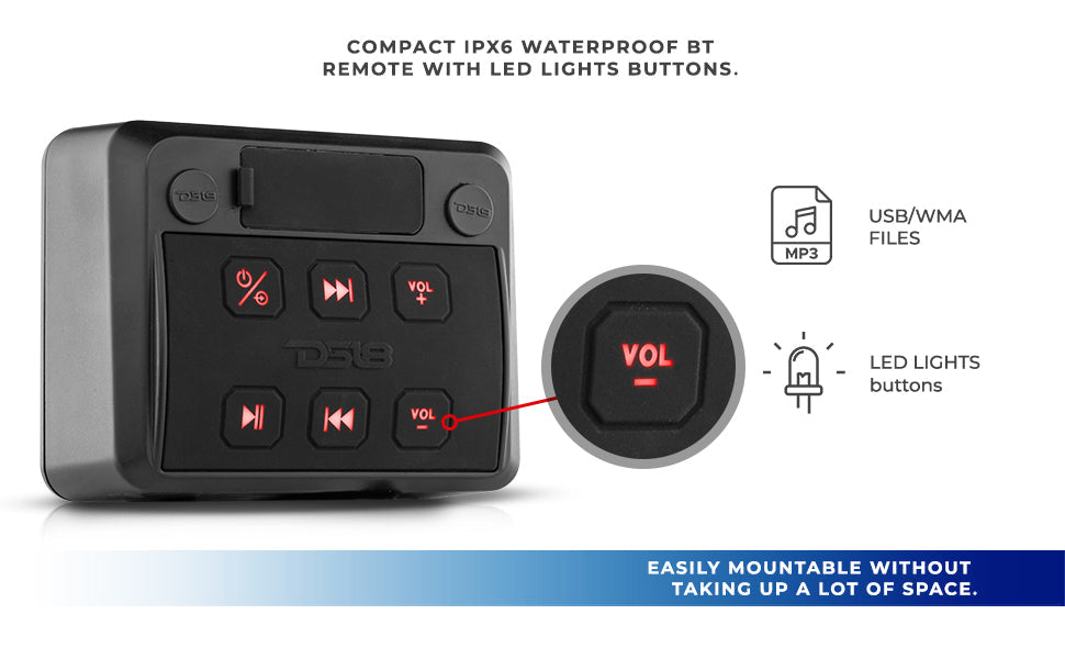 Marine And Powersports Waterproof Receiver Enclosure with Bluetooth, AUX Input, USB Player and Controls - DS18