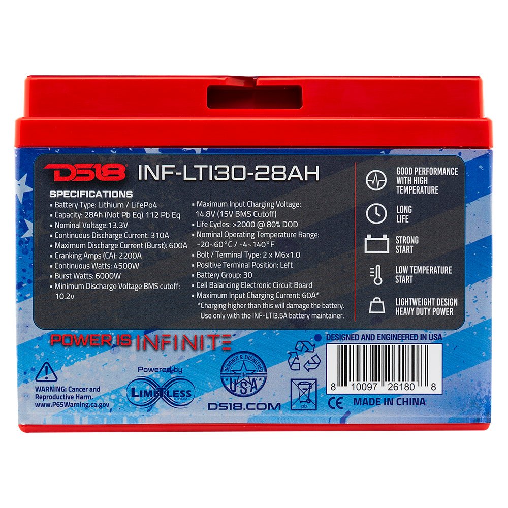 INF-LTI30-28AH INFINITE 28 AH Lithium Battery YTX30 Large Case With BMS - Perfect for Motorcycles - DS18
