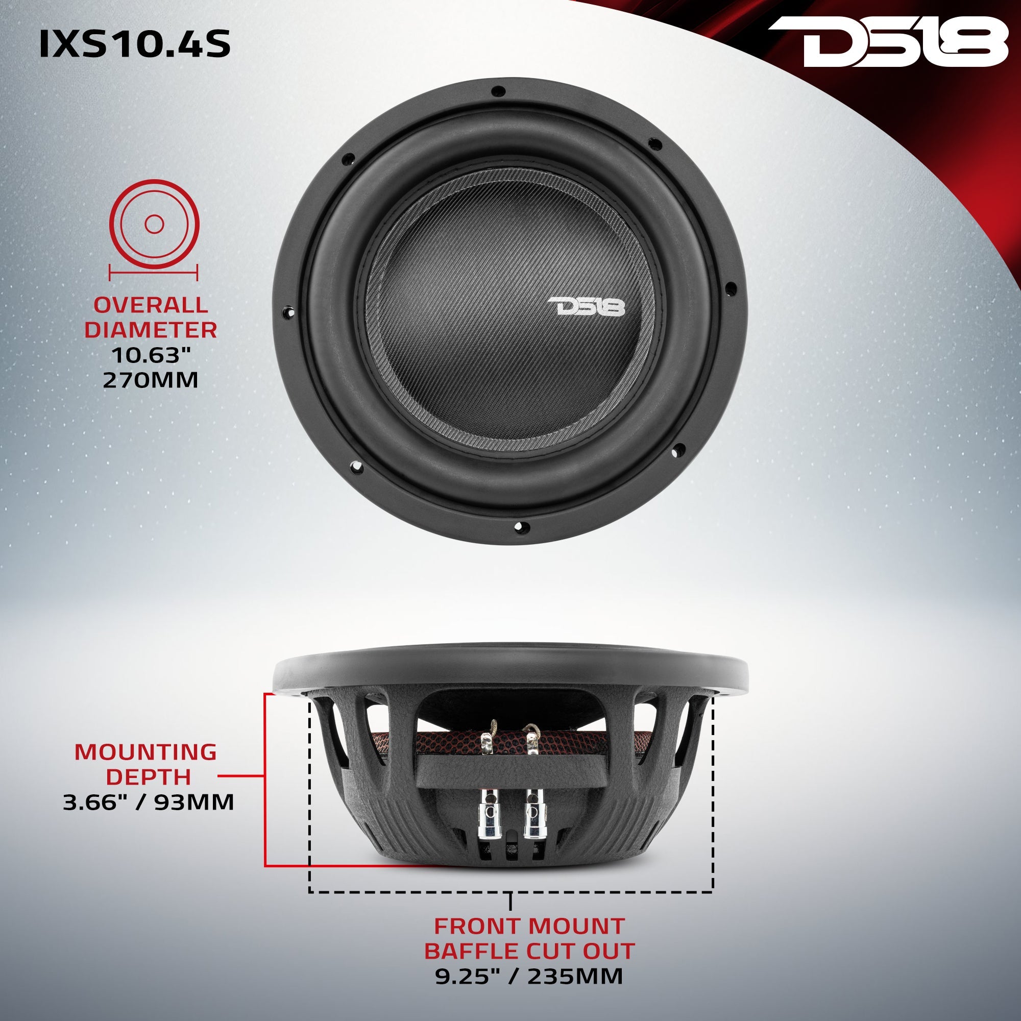 IXS Shallow-Mount 10" Fiber Glass Subwoofer 600 Watts Rms SVC 4-Ohm - DS18