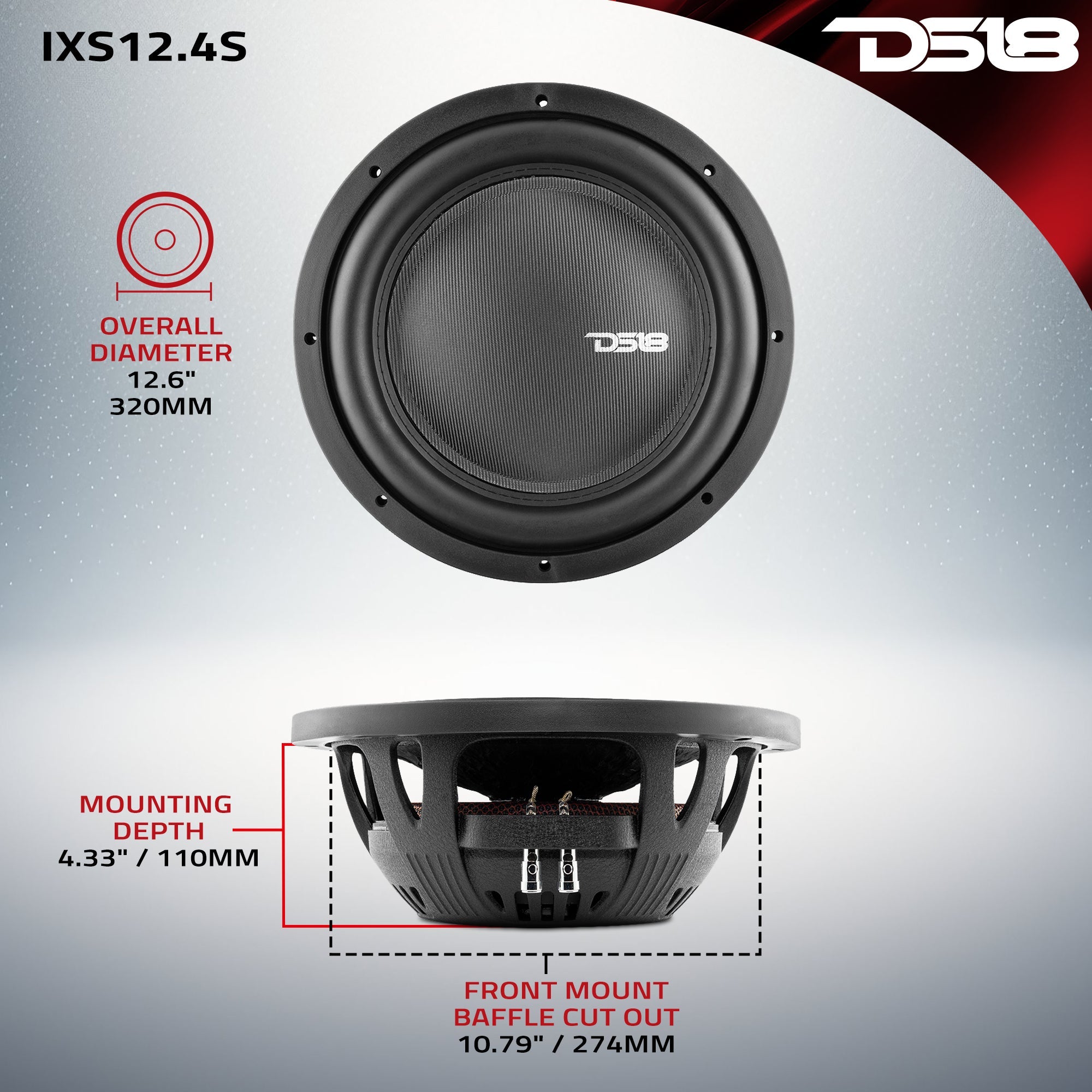 IXS Shallow-Mount 12" Fiber Glass Subwoofer 800 Watts Rms SVC 4-Ohm - DS18