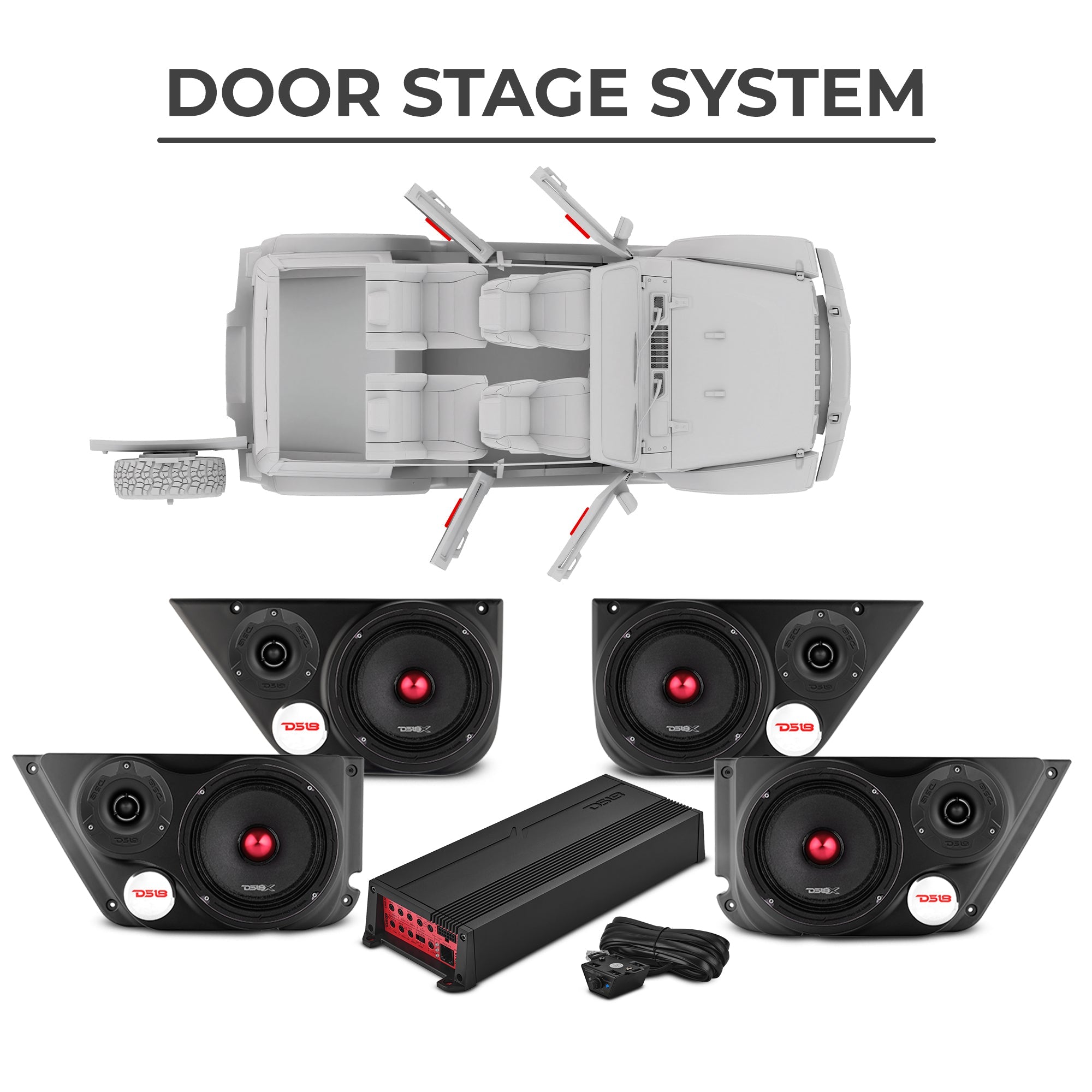 Jeep JKU 2007-2018 Ultimate Package – Loaded Sound Bar, Door Panels, Tailgate Subwoofers & Amplifiers - DS18