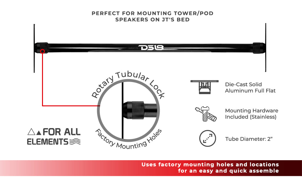 Jeep Gladiator JT Bed-Mounted Speaker Tower Bar | Adjustable Width | 2” Tube | Multi-Speaker Setup (Up to 8) - DS18