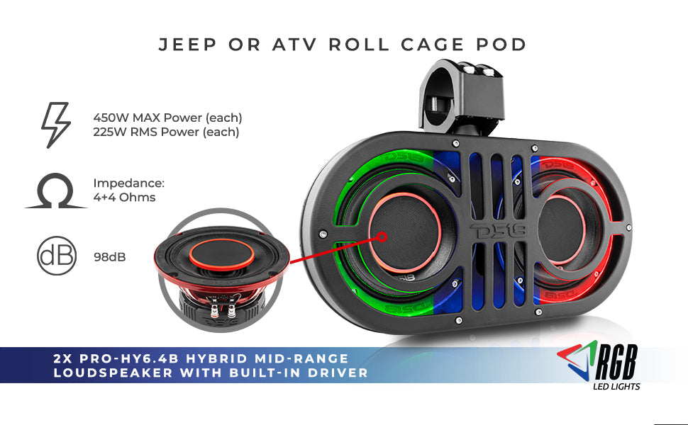 Dual 6.5" Marine and Powersports PRO Roll Cage Sound Bar System with Built in LED RGB Lights450 Watts Rms ( 2 x PRO-HY6.4B