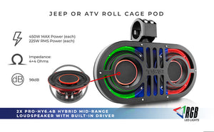 Dual 6.5" Marine and Powersports PRO Roll Cage Sound Bar System with Built in LED RGB Lights450 Watts Rms ( 2 x PRO-HY6.4B