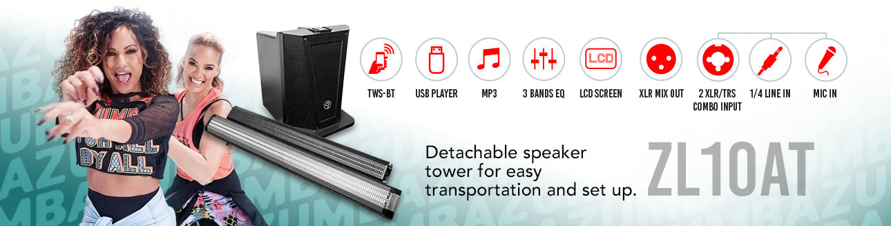 DS18 ZL-10AT exclusive ZUMBA LOUD Powered All In One Line Array 10" Tower Speaker System with MP3 USB & TWS BT 1000 Watts