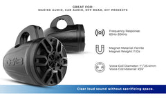 MP 4" Amplified With Bluetooth Wakeboard Tower Speakers 40 Watts Rms -Black - DS18