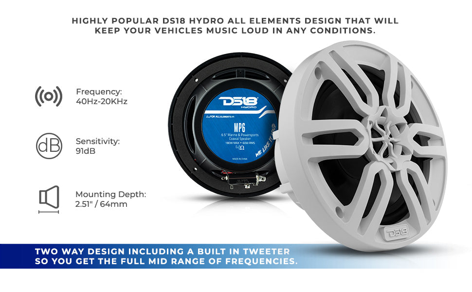 MP 6.5" 2-Way Coaxial Marine Speaker 60 Watts Rms 4-Ohm -Black - DS18