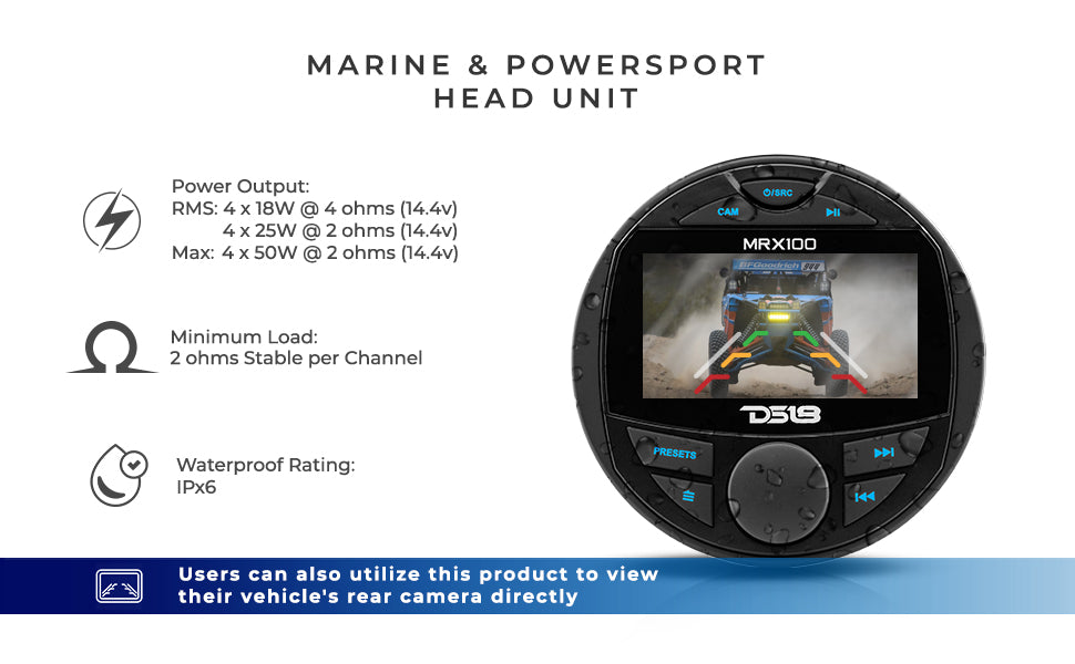Marine and Powersports Headunit 3" Color TFT screen , 2 Zones, 4 volts Output, BT, RDS 4 X 50 Watts - DS18