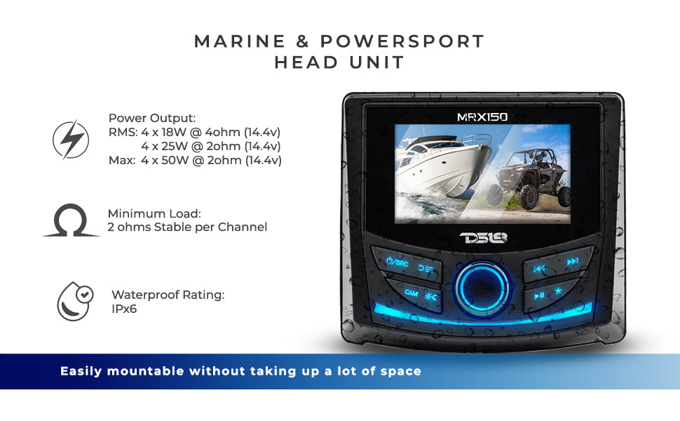 Marine and Powersports Headunit 3" Color TFT screen , 2 Zones, 4 volts Output, BT, RDS 4 X 50 Watts - DS18