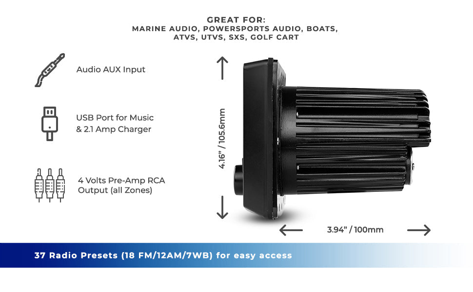 Marine and Powersports Headunit 3" Color TFT screen , 2 Zones, 4 volts Output, BT, RDS 4 X 50 Watts - DS18