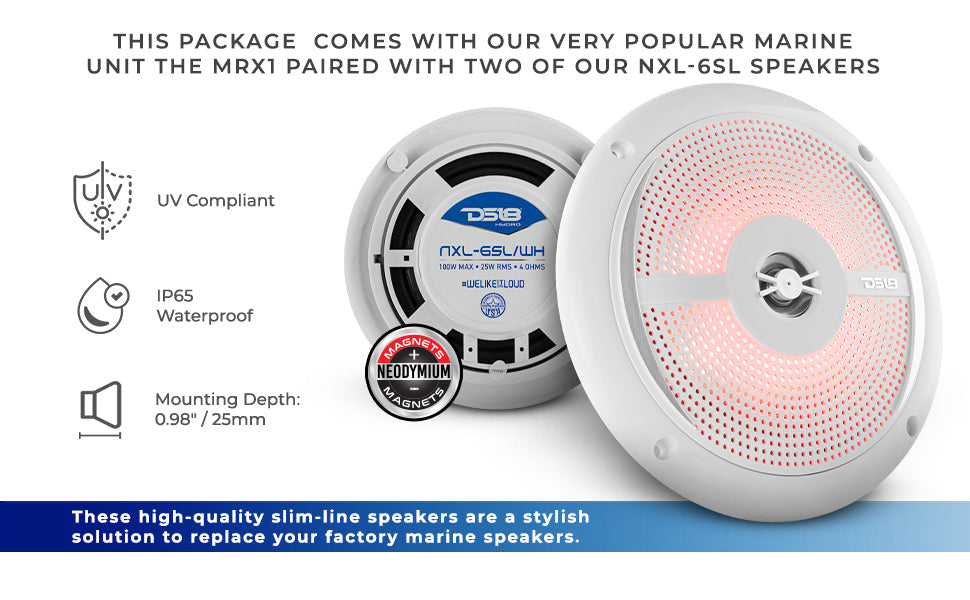 Marine and Powersports Headunit and 6.5" Marine Speaker Package (MRX1 and 2 X NXL-6SL/WH) - White - DS18