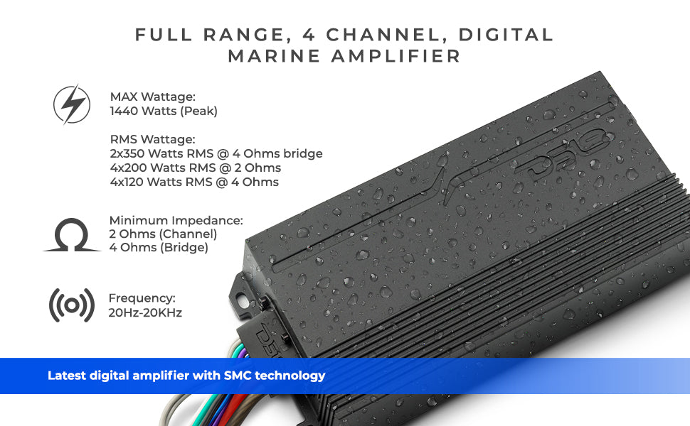 NVY 4-Channel Full-Range IPX7 Submersible Marine and Powersports Amplifier 120 x 4 @ 4-Ohm Watts RMS - DS18