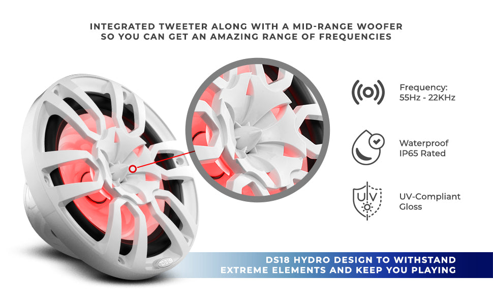NXL 10" 2-Way Coaxial Marine Speaker with LED RGB Lights | 200W RMS 4-Ohm - DS18