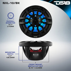 NXL 10" 2-Way Coaxial Marine Speaker with LED RGB Lights | 200W RMS 4-Ohm - DS18