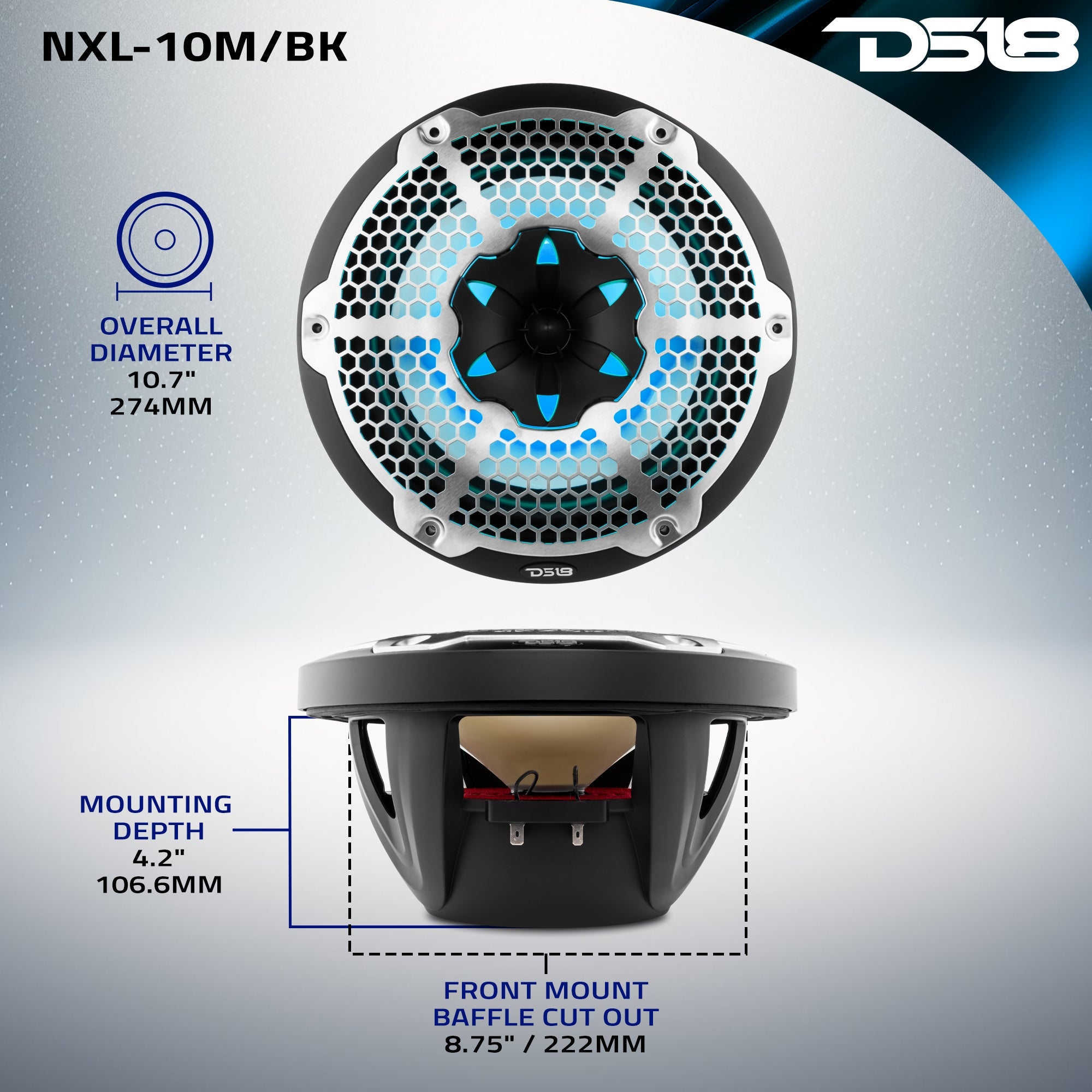 NXL 10" 2-Way Coaxial Marine Speaker With LED RGB Lights 200 Watts Rms 4-Ohm - DS18