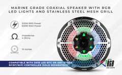 NXL 10" 2-Way Coaxial Marine Speaker With LED RGB Lights 200 Watts Rms 4-Ohm - DS18
