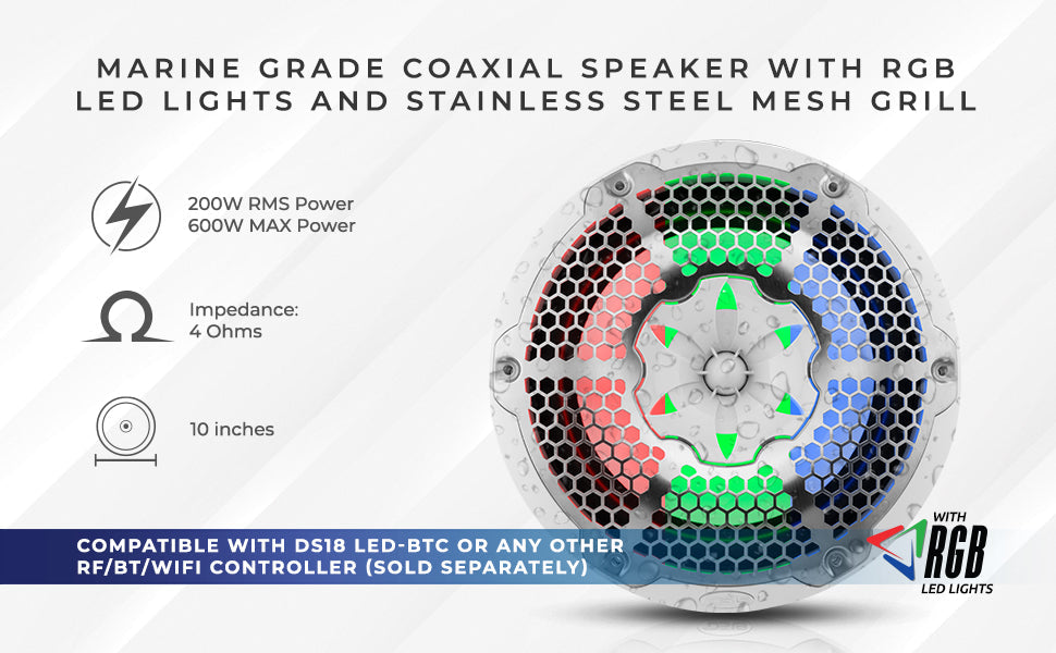 NXL 10" 2-Way Coaxial Marine Speaker with RGB LED Lights 200 Watts Rms 4-Ohm - DS18