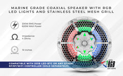 NXL 10" 2-Way Coaxial Marine Speaker with RGB LED Lights 200 Watts Rms 4-Ohm - DS18