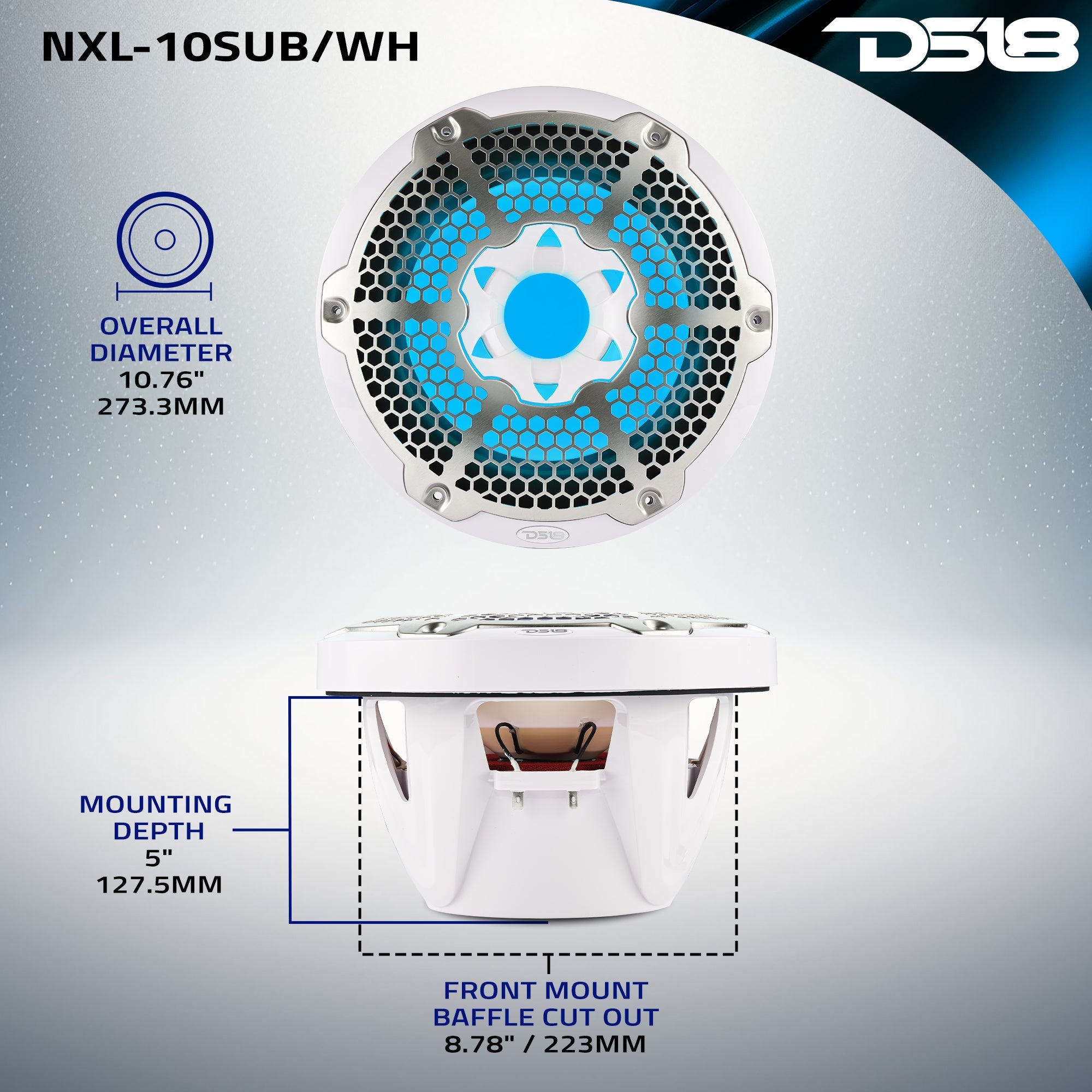 NXL 10" Marine Subwoofer with LED RGB Lights 300 Watts Rms SVC 4-Ohm - DS18