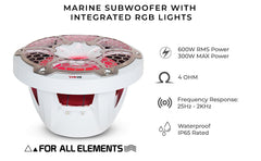 NXL 10" Marine Subwoofer with LED RGB Lights 300 Watts Rms SVC 4-Ohm - DS18