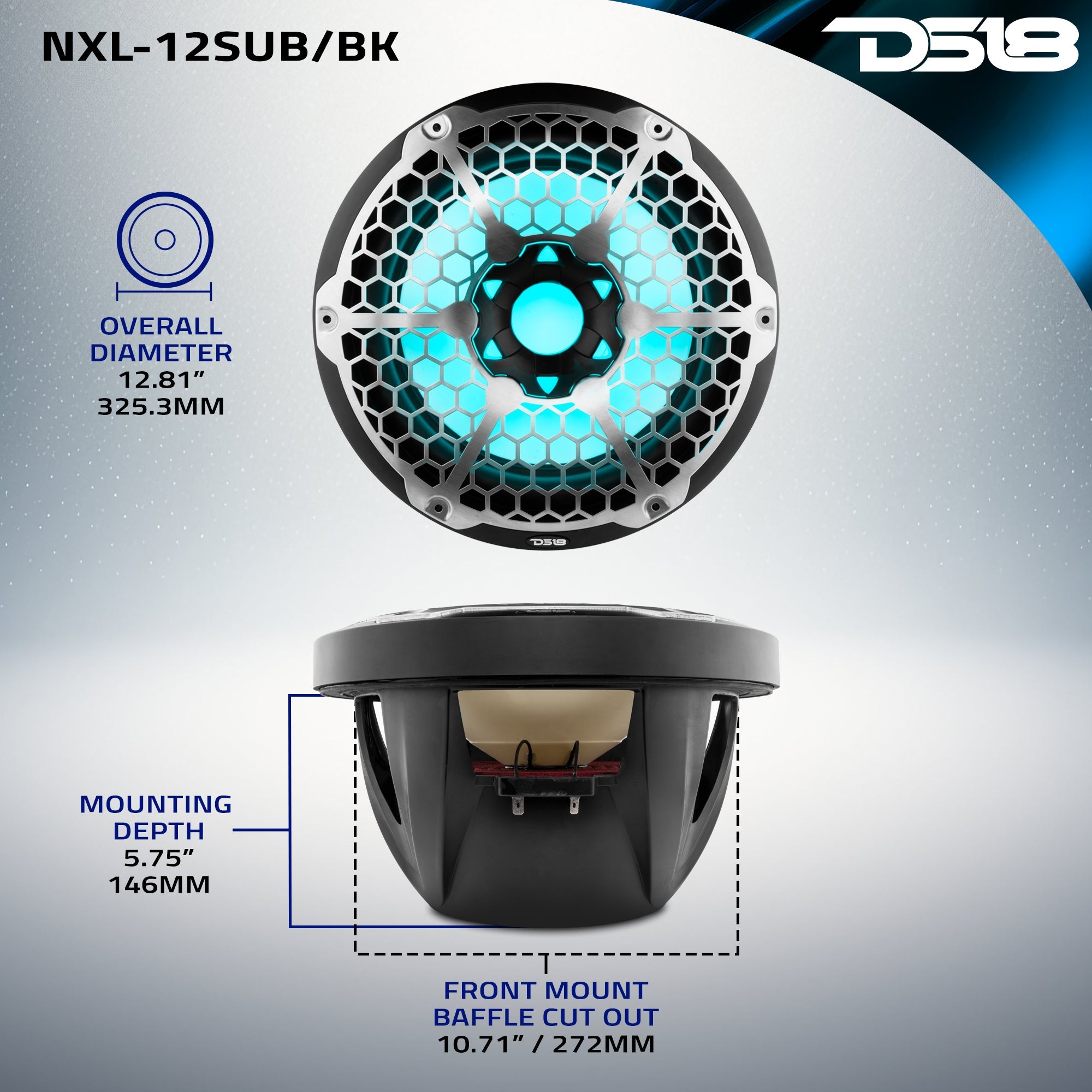 NXL 12" Marine Subwoofer with LED RGB Lights 350 Watts Rms SVC 4-Ohm - DS18