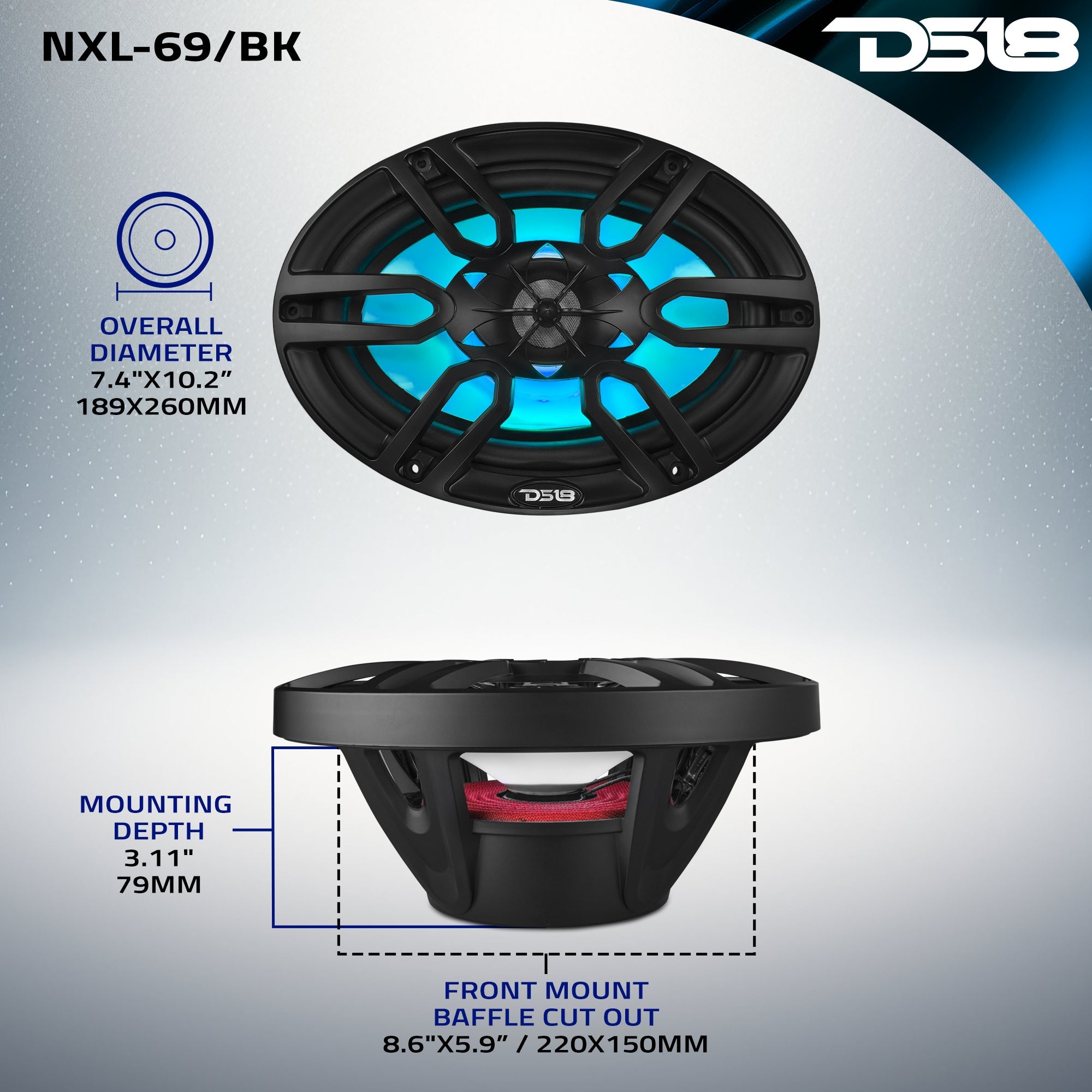NXL 6x9" 2-Way Coaxial Marine Speaker with LED RGB Lights | 125W RMS 4-Ohm - DS18