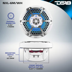 NXL 6.5" 2-Way Coaxial Marine Speaker With LED RGB Lights 100 Watts Rms 4-Ohm - DS18